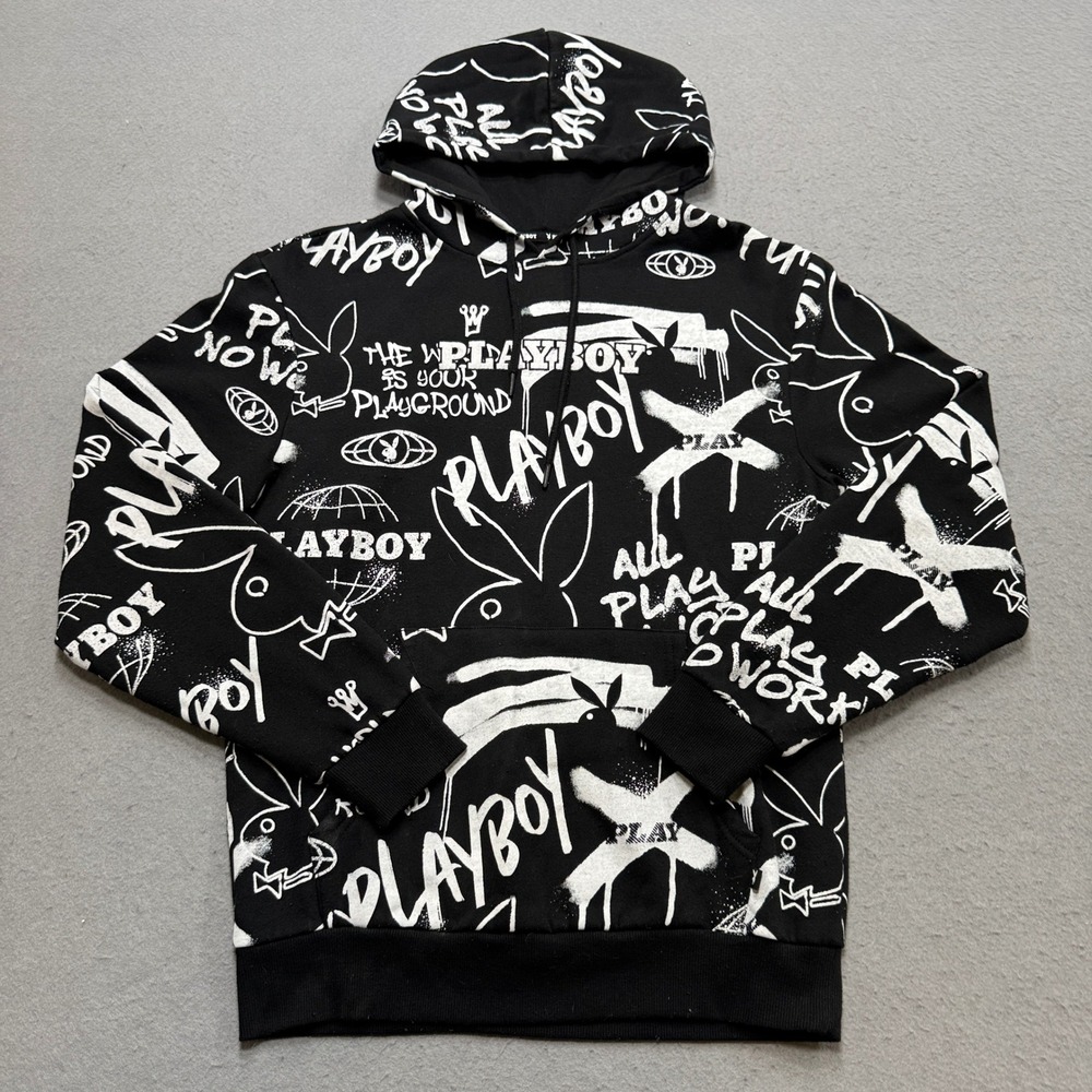 Playboy Hoodie Men's M Black White Graffiti Graphic Pullover Streetwear Hiphop